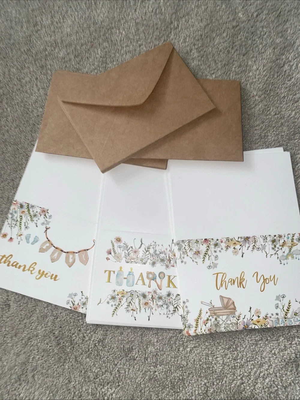 24 Baby Shower Thank You Cards With Envelopes Floral Brown Blue